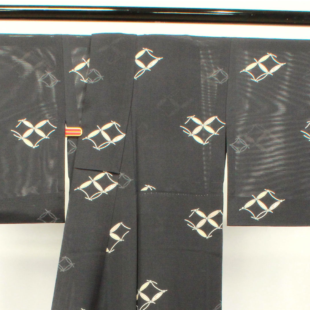 夏物 正絹 小紋 身丈157.5cm 裄丈65cm 七宝 絽 Sランク 黒系 1132001522310