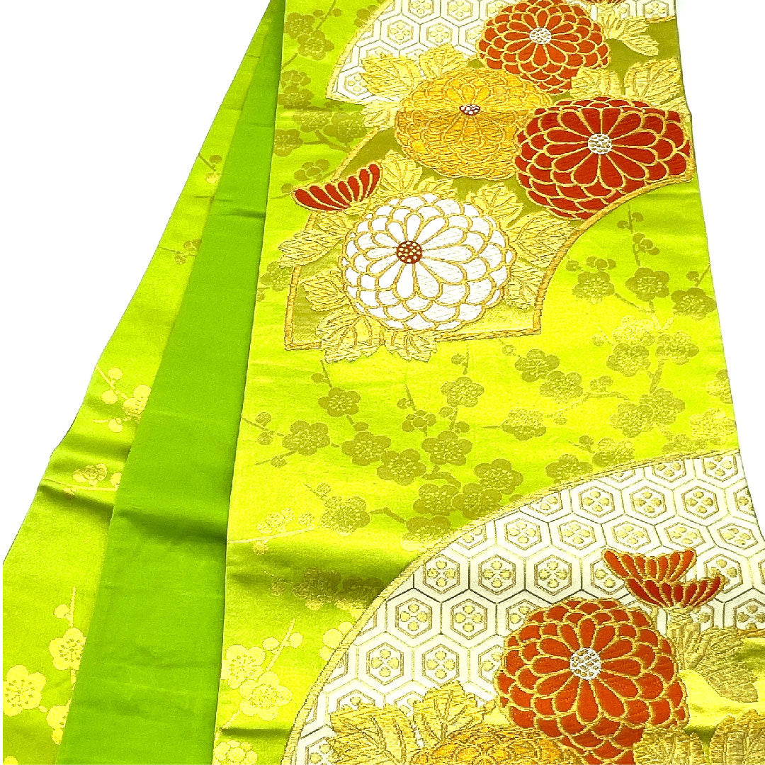 袋帯 菊 振袖用 亀甲 やまとオリジナル 帯丈424cm 正絹 Aランク 六通 フォーマル 緑系 1123003413319