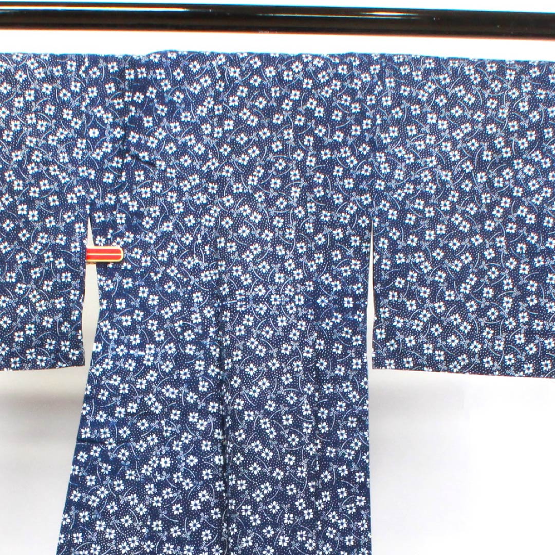 浴衣 濃紺色 花模様 木綿 Aランク 単衣 身丈152cm 裄丈63cm 紺系 1118004073218