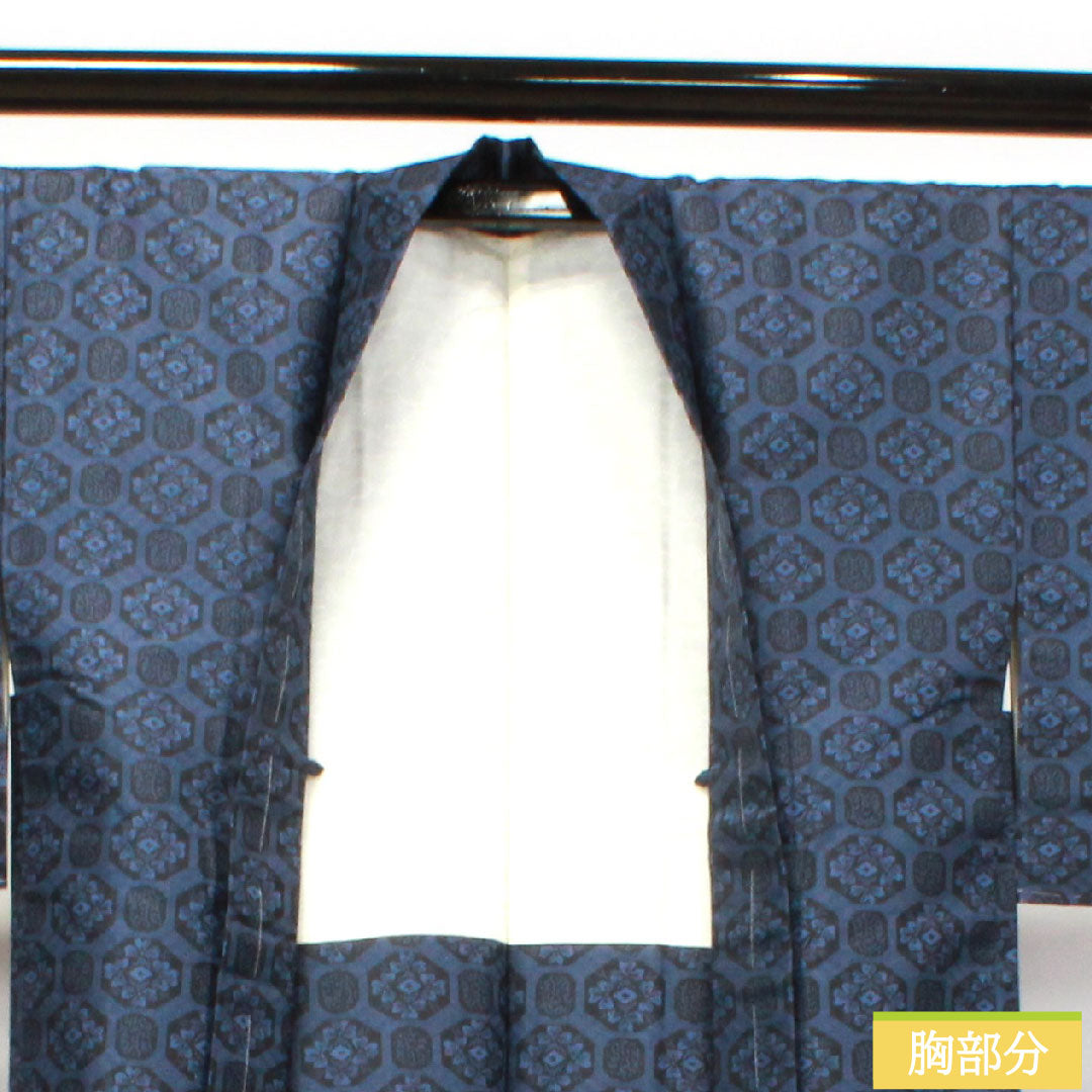 羽織 正絹 身丈78.5cm 裄丈63cm 村山大島 幾何学模様 しつけ糸付き 未使用品 Sランク 袷 紺系 1117000932918