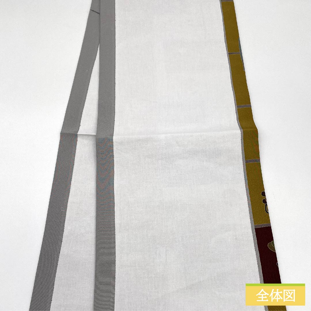 名古屋帯 正絹 錫色(すずいろ) 野菜柄 長尺 農機具 帯丈384cm Sランク 全通 カジュアル グレー系 1124006282422 開き仕立て