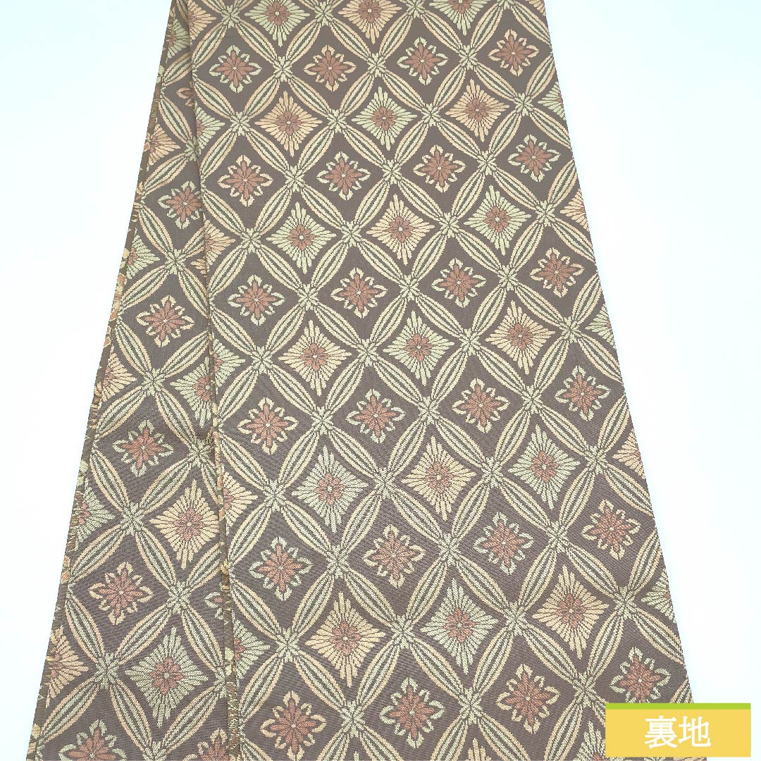 Fukuro Obi (plum gray) by Kanae Kobo, with chrysanthemum and cloisonne patterns, abstract floral patterns, obi length 443cm, pure silk, S rank, six-pass, casual, brown, 1123009572314
