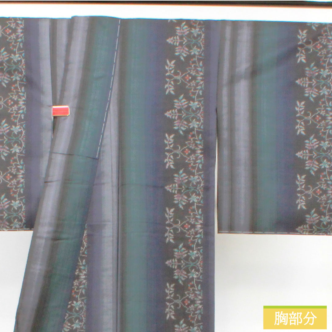 Silk pongee, Length 156cm, Sleeve length 64.5cm, Oshima pongee, Warp and weft kasuri, Stripes, Floral pattern, S rank, Lined, Brown, 1116003462314