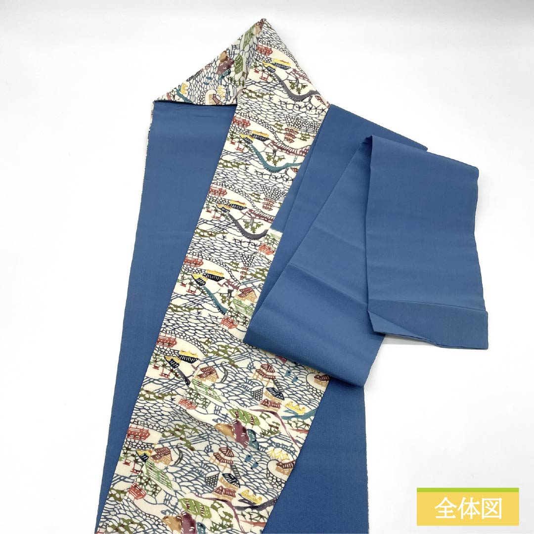 名古屋帯 正絹 Aランク 生成り色(きなりいろ) 型染 紅型調 風景模様 帯丈371cm 六通 カジュアル クリーム系 1124010593315 名古屋仕立て