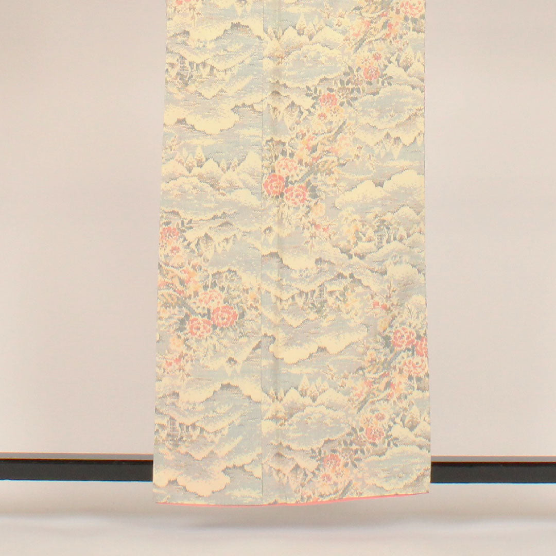 紬 身丈160cm 裄丈63cm あかね大島 風景画 正絹 Aランク 袷 クリーム系 1116000393315