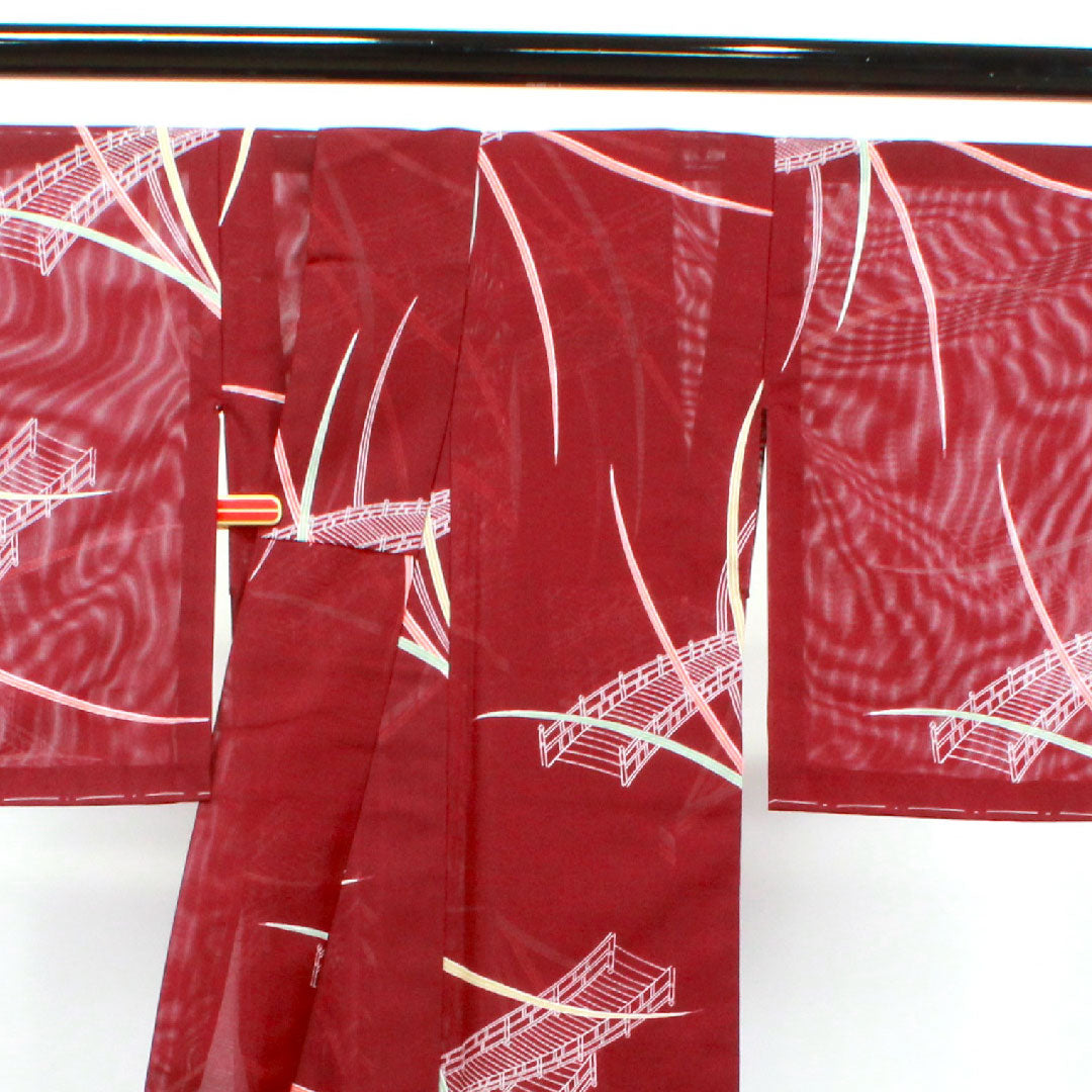 Summer kimono, polyester, small pattern, length 157cm, sleeve length 62cm, light purple, washable kimono, landscape pattern, basting thread included, silk, S rank, purple, 1132001702320