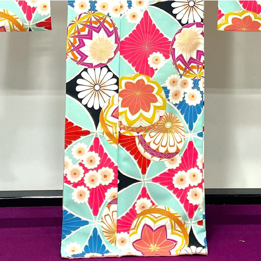 振袖 身丈170.5cm 裄丈70cm 袷 薄水色 洗える着物 鞠 七宝 ポリ Sランク 青系 1113001172617