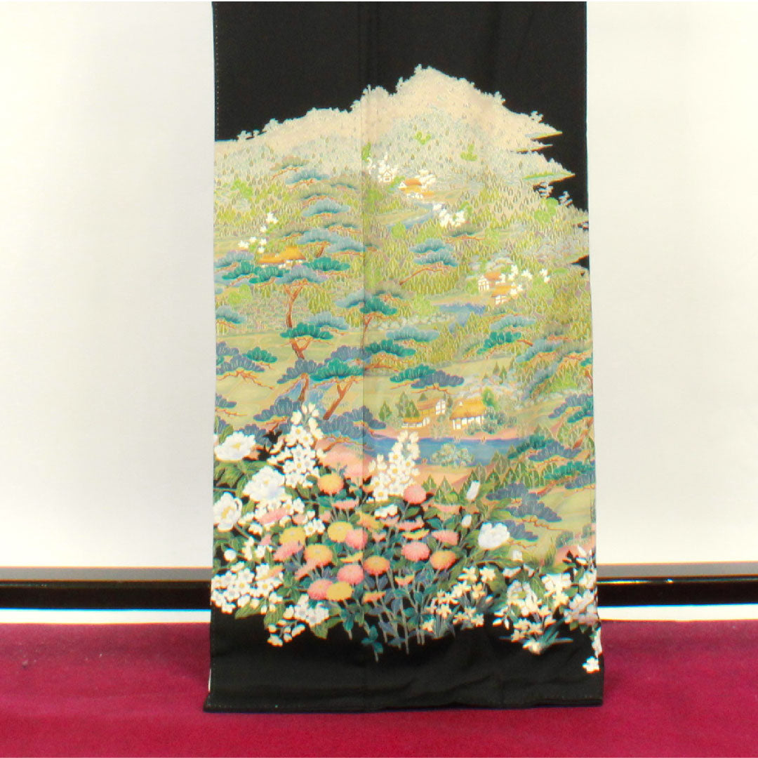 黒留袖 身丈168.5cm 裄丈62cm 袷 作家物 茶屋辻 草花模様 丸に花菱 正絹 Aランク 五つ紋 黒系 1111000473510
