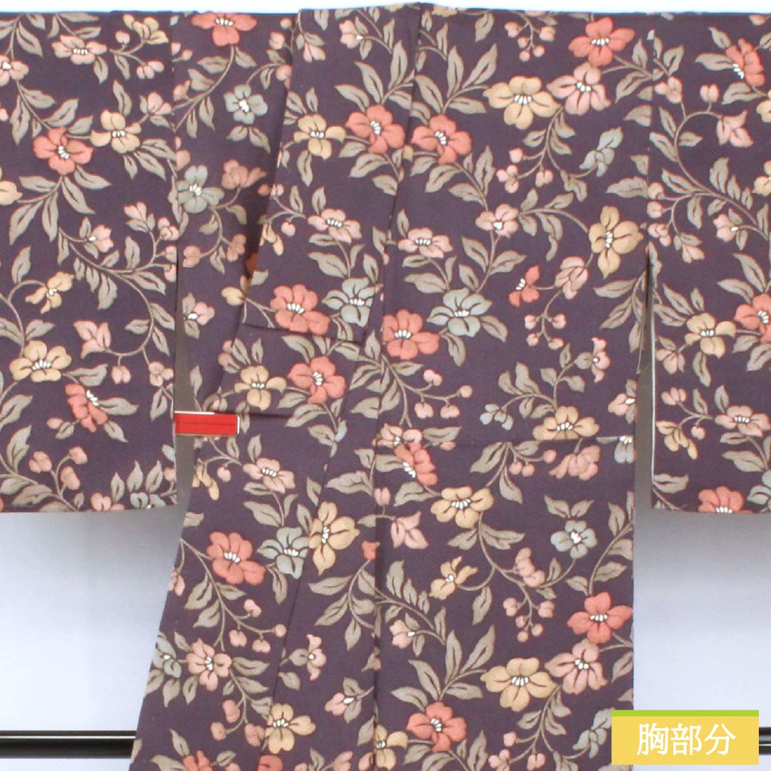 小紋 正絹 身丈162cm 裄丈64cm 袷 深紫色(ふかきむらさきいろ) 紗綾形 草花模様 Sランク 紫系 1115005972420