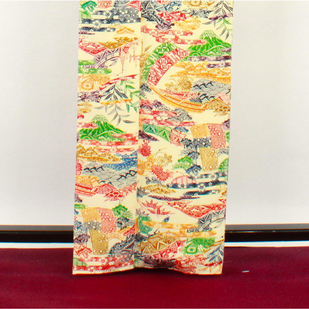 小紋 身丈164.5cm 裄丈68cm 袷 淡黄色 型染 富士山 茶屋辻 正絹 Sランク クリーム系 1115002402415