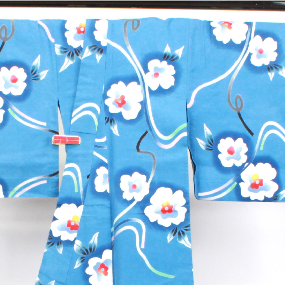 浴衣 空色 草花模様 木綿 Sランク 単衣 身丈152cm 裄丈63cm 青系 1118003342217
