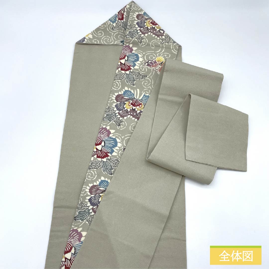 名古屋帯 正絹 Bランク 絹鼠色(きぬねずいろ) 型染 紅型調 牡丹 帯丈347cm 六通 カジュアル グレー系 1124010484322 名古屋仕立て