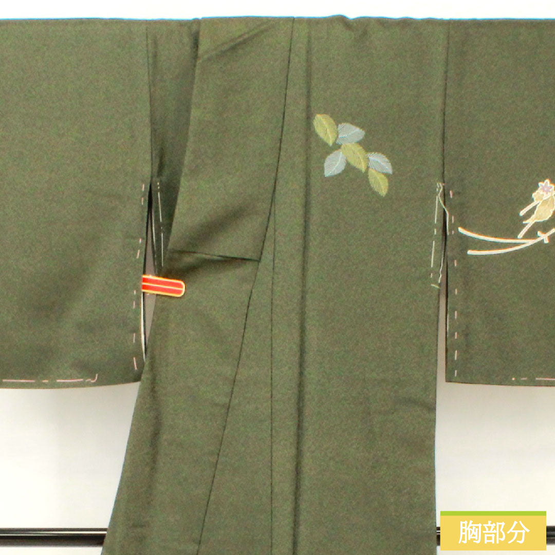 訪問着 ポリエステル 袷 身丈165cm 裄丈63cm 藍海松茶色(あいるみちゃいろ) 洗える着物 松葉 Aランク 緑系 1112005843519