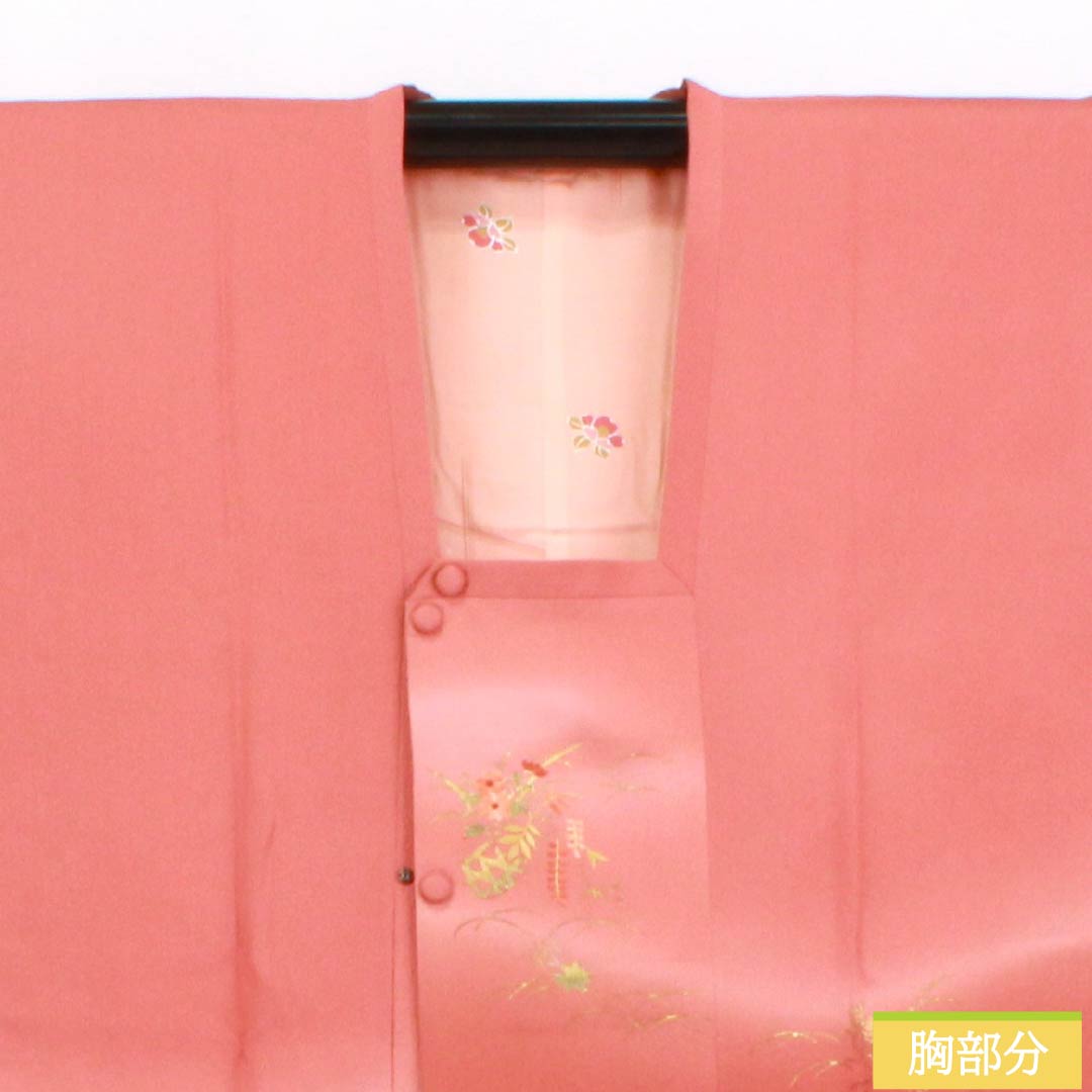 道行コート 正絹 Sランク 身丈88.5cm 裄丈68cm 紅唐色(べにとういろ) 刺繍 金彩加工 花 袷 赤系 1117001212912