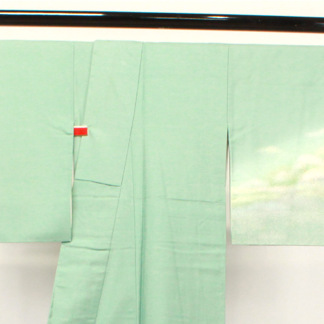 訪問着 正絹 袷 身丈161cm 裄丈62.5cm 豆青色 牛首紬 抽象模様 Aランク 緑系 1112003263419