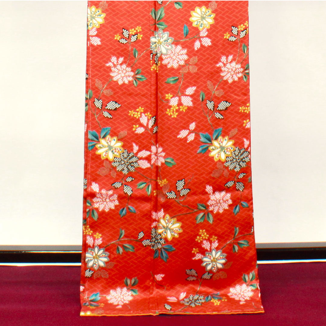 小紋 身丈175cm 裄丈65cm 袷 しつけ糸付き 銀朱色 草花模様 正絹 Sランク 朱系 1115002772816