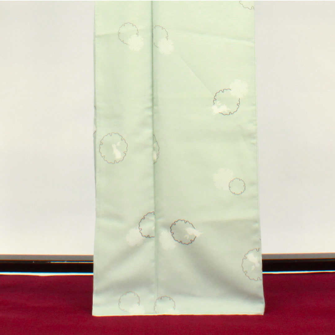 小紋 身丈166cm 裄丈66cm 袷 秘色色 洗える着物 雪輪 うさぎ ポリ Sランク 青系 1115002582517