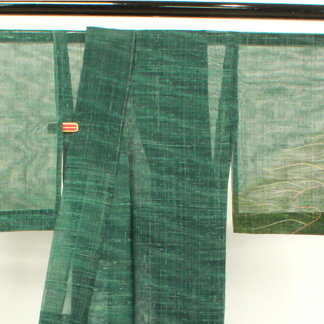 夏物 正絹 訪問着 身丈160cm 裄丈65cm 黒緑色(くろみどりいろ) 抽象模様 紬地 絽 Sランク 緑系 1132000572419