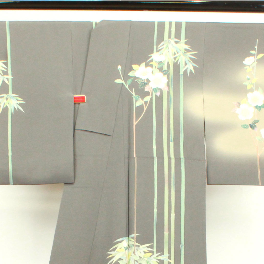 訪問着 袷 身丈160cm 裄丈63cm 素鼠色 作家物 加賀草木染 竹 梅 正絹 Aランク グレー系 1112002673422