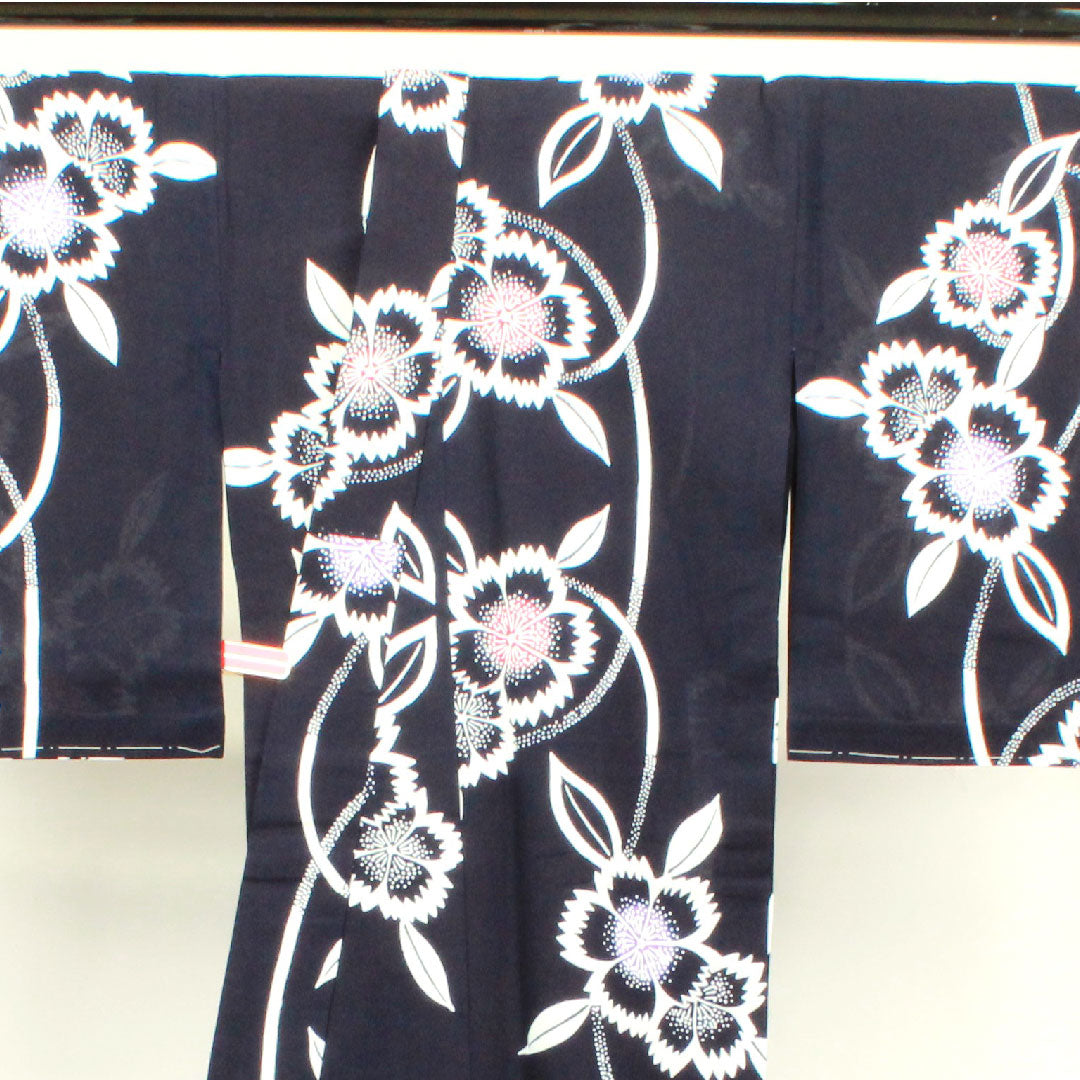 浴衣 しつけ糸付き 未使用品 褐色 撫子 木綿 Sランク 単衣 身丈162cm 裄丈64.5cm 紺系 1118002062418