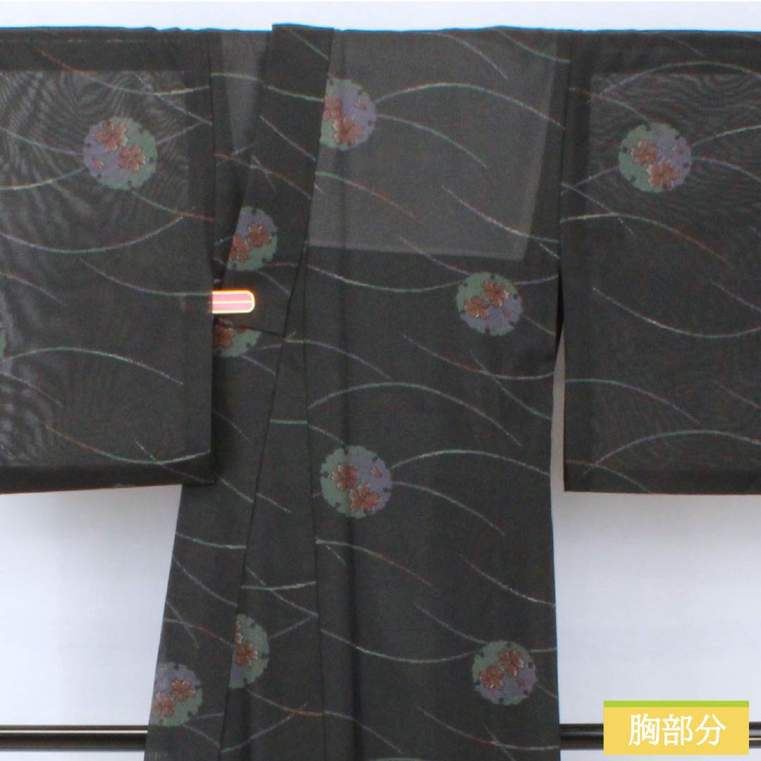 夏物 ポリエステル 小紋 身丈156cm 裄丈65cm 雪輪 露芝 洗える着物 紗 Sランク 黒系 1132001912310