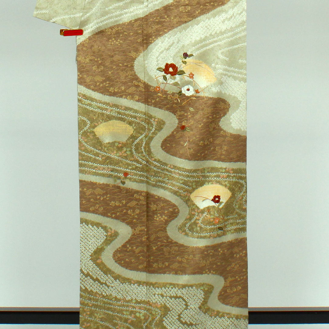 訪問着 袷 身丈163.5cm 裄丈64cm 絞り 刺繍 正絹 Sランク 緑系 1112000292419