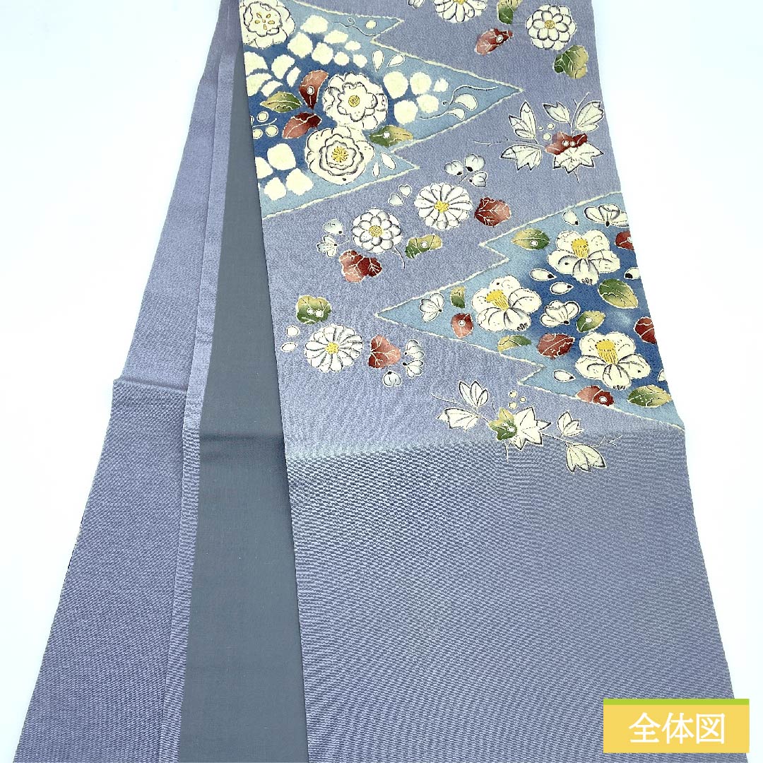 名古屋帯 青袋鼠色(せいたいねずいろ)辻ヶ花 松皮菱 ちりめん地 帯丈364cm 正絹 Aランク ポイント柄 カジュアル 青系 1124006223317 開き仕立て