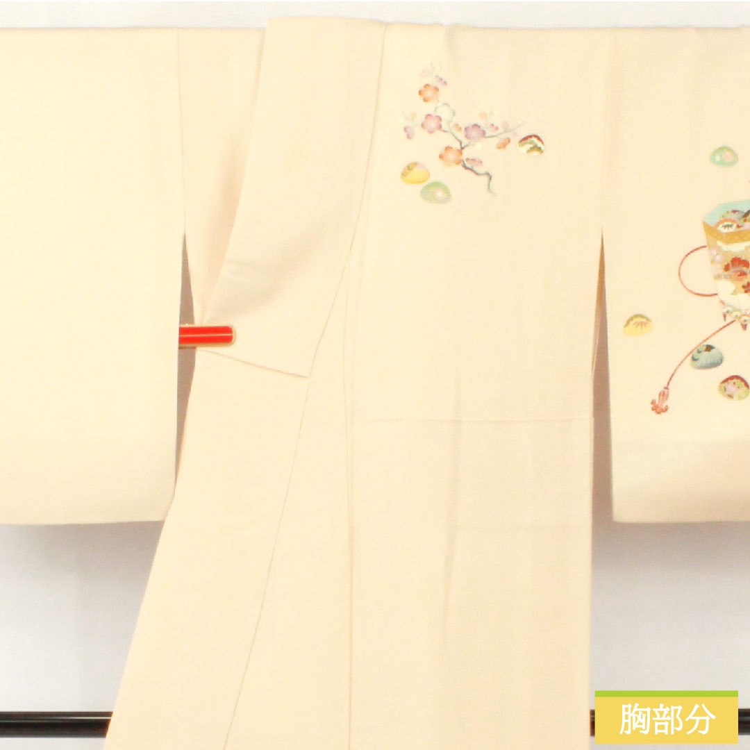 訪問着 正絹 袷 身丈158cm 裄丈64.5cm 砥粉色(とのこいろ) 京友禅 貝桶 吉祥文様 しあわせガード Aランク クリーム系 1112005803315