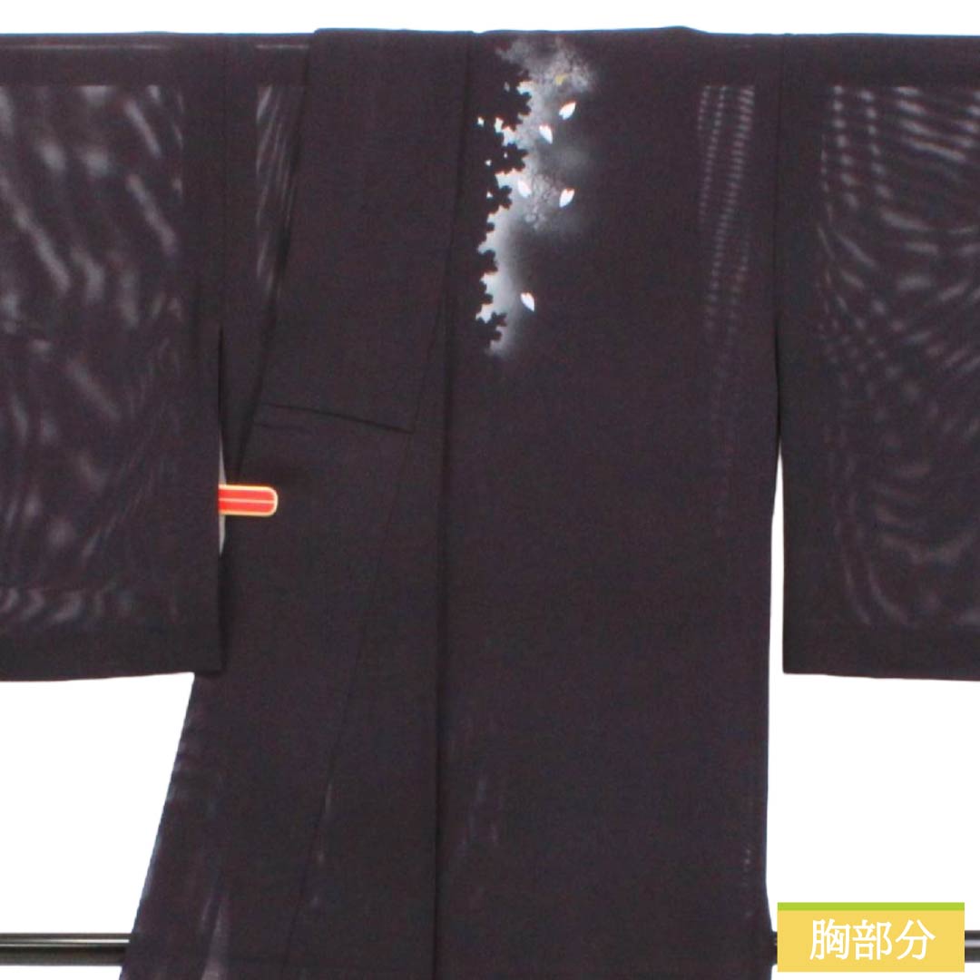 夏物 正絹 訪問着 Sランク 身丈162.5cm 裄丈65cm 紫黒色(しこくしょく) 付下げ 桜散らし 草花模様 絽 紫系 1132003612420