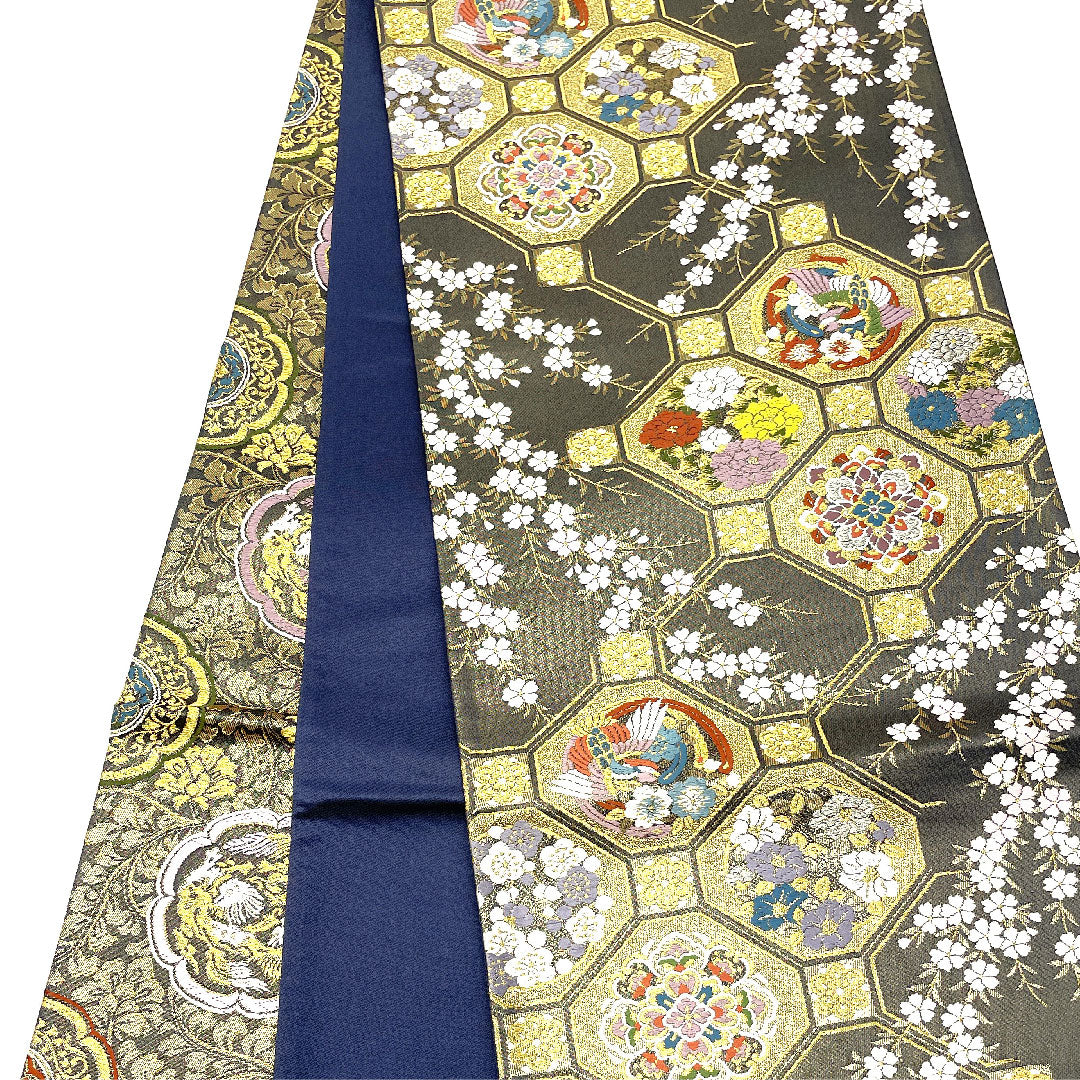 (未仕立)袋帯 全通全景 三十六歌仙文様 千紫萬紅 帯丈454cm 正絹 NEWランク 全通 フォーマル グレー系 1123003581422