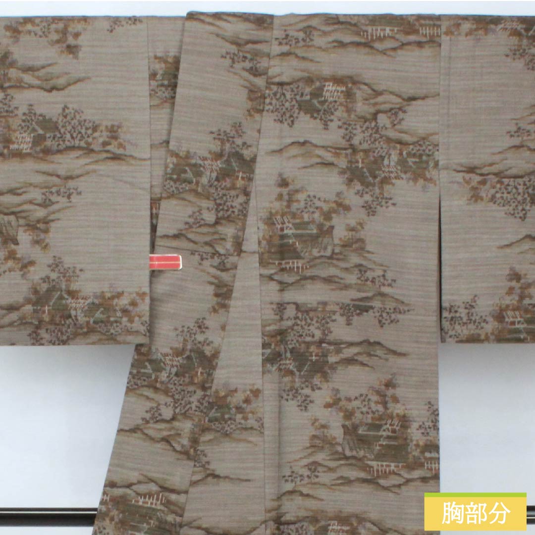 紬 正絹 身丈161.5cm 裄丈66cm 京極生壁色(きょうごくなまかべいろ) 風景模様 居敷当て付き Sランク 単衣 グレー系 1116003802422
