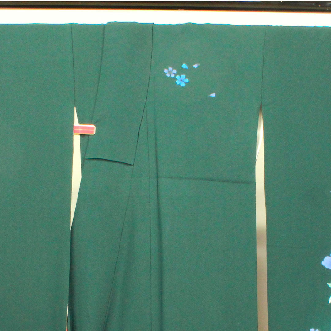 振袖 身丈165cm 裄丈70cm 袷 鉄色 京友禅 花模様 正絹 Aランク 緑系 1113001563519