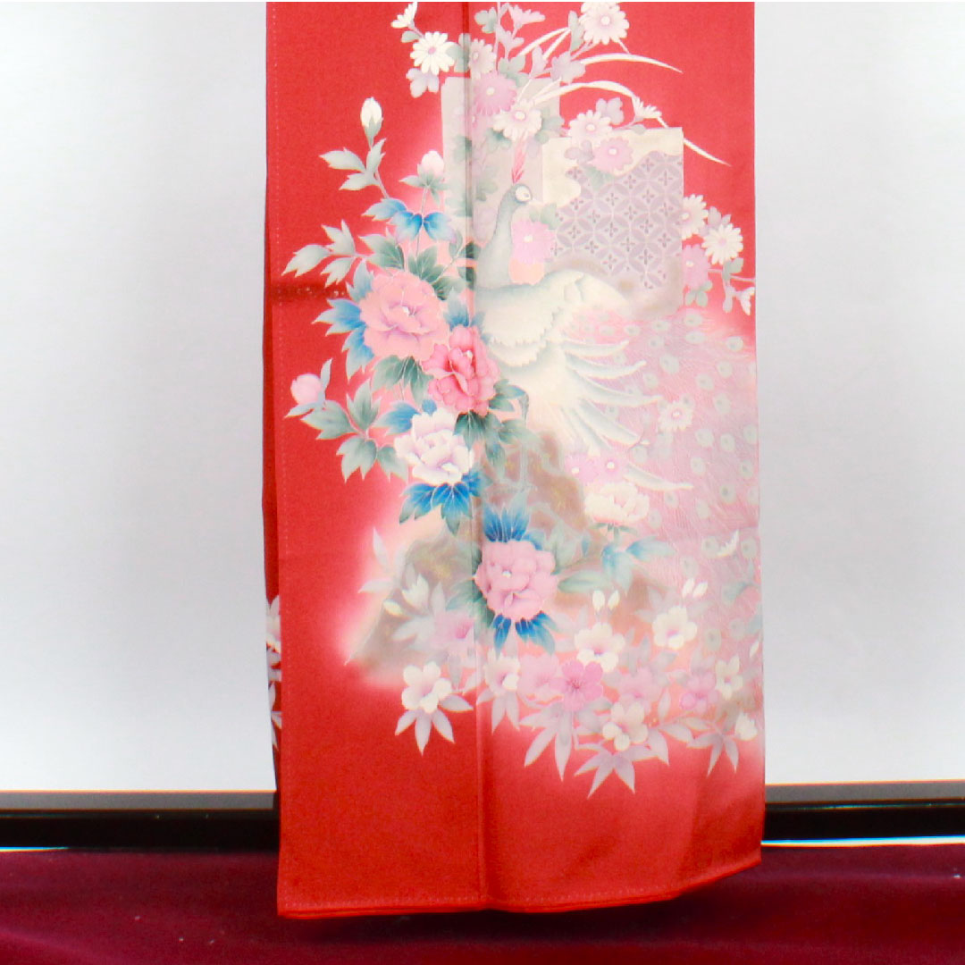 訪問着 袷 身丈158.5cm 裄丈65cm 蘇芳色 孔雀 草花模様 正絹 Aランク 赤系 1112001663312