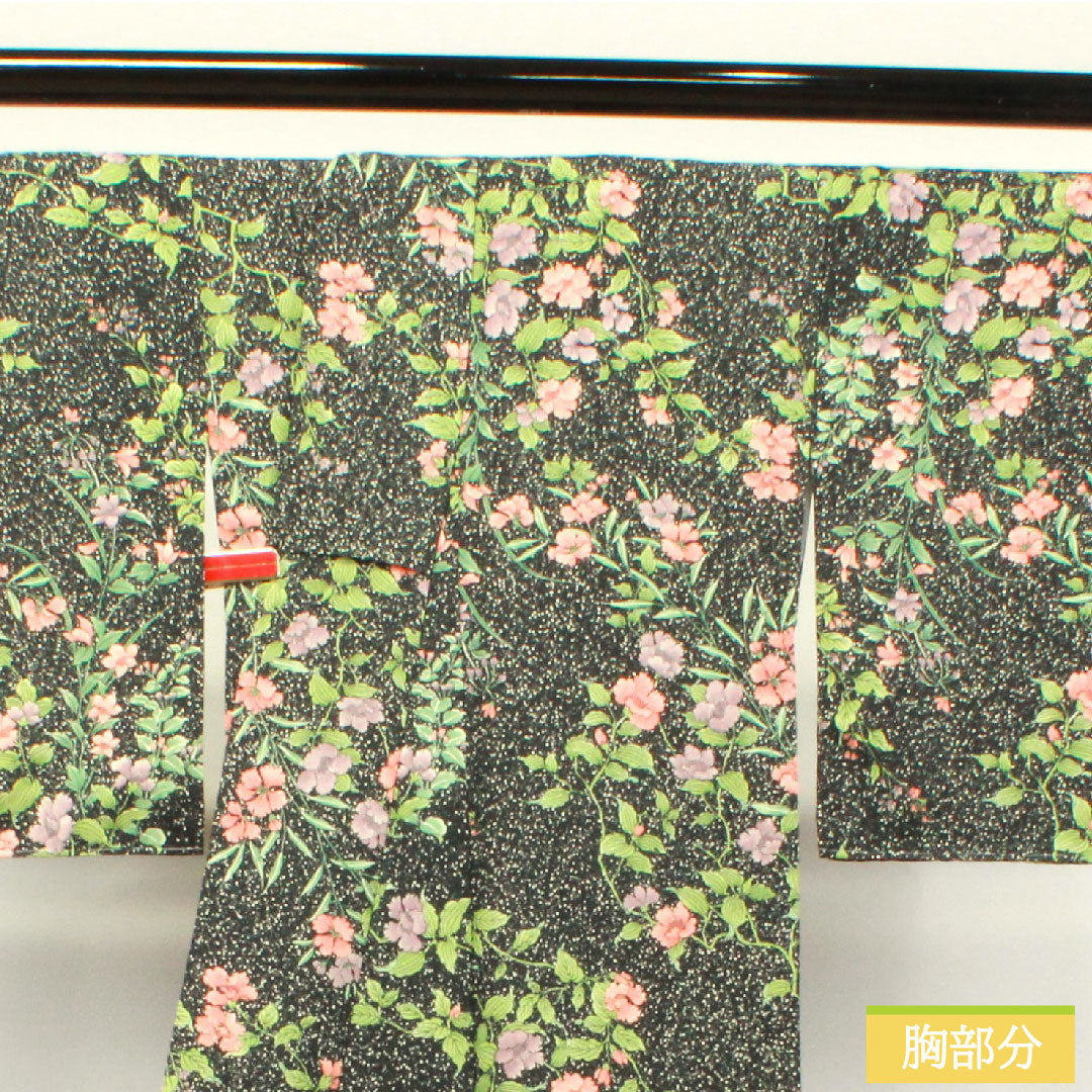 Small pattern, polyester, length 166cm, sleeve length 67cm, lined, washable kimono, floral pattern, taped dyeing, with basting thread, S rank, black, 1115003982510