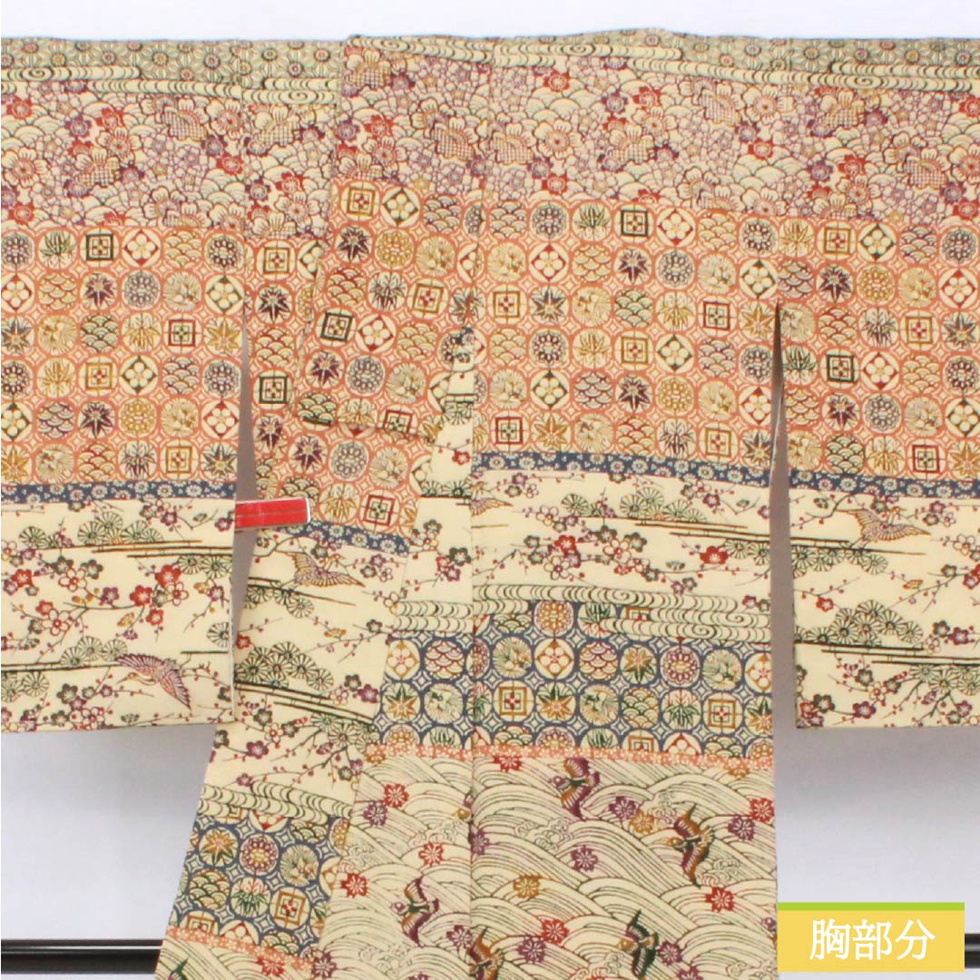 Formal Kimono (Homongi) - Pure Silk - S Rank - Lined - Length 159cm - Sleeve-to-Sleeve 62.5cm - Torinoko-iro (Pale Beige) - Kyoto Bingata - Auspicious Patterns - Chirimen Fabric - With Basting Stitches - Beige - 1112007672325