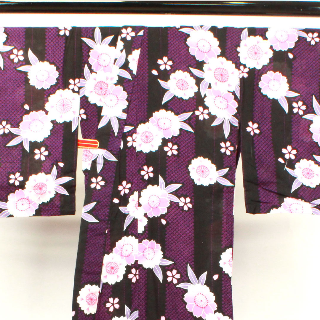 浴衣 モノトーン 桜 木綿 Sランク 単衣 身丈160cm 裄丈62.5cm 紫系 1118001442420
