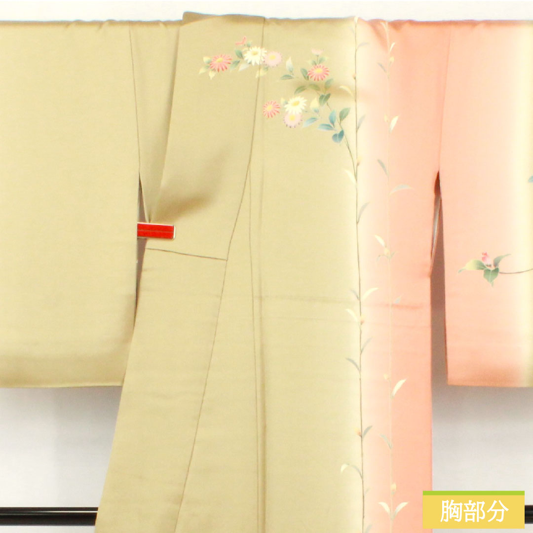 訪問着 正絹 袷 身丈163cm 裄丈68cm 亜麻色(あまいろ) 京友禅 草花模様 Aランク 緑系 1112005963419