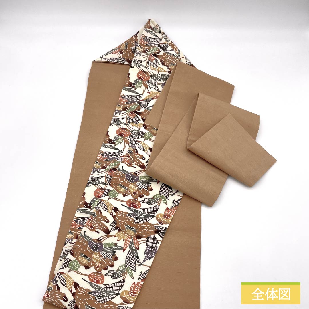 名古屋帯 正絹 Bランク 生成り色(きなりいろ) 型染 紅型調 抽象草花模様 帯丈348cm 六通 カジュアル クリーム系 1124009744315 名古屋仕立て