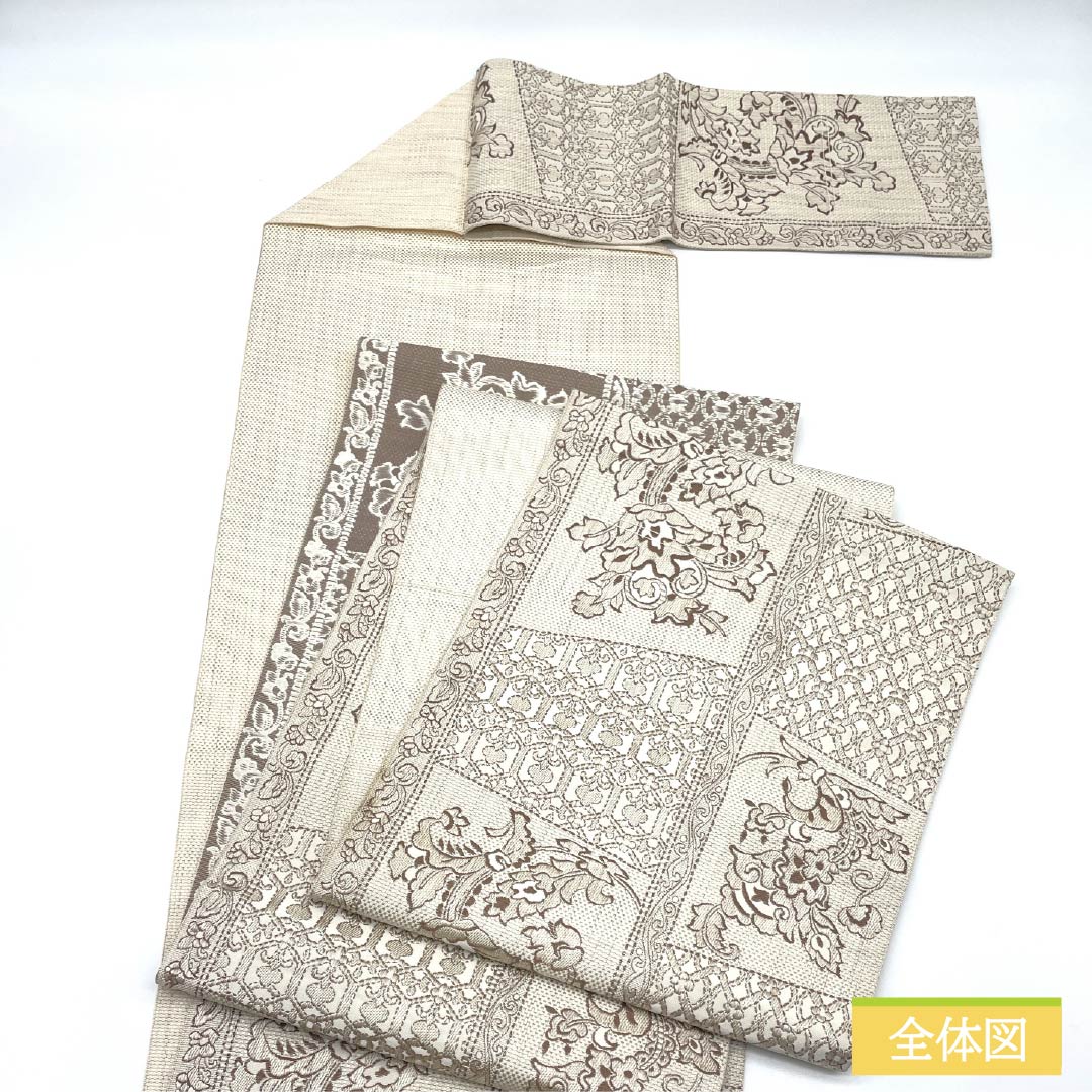 名古屋帯 正絹 Sランク 胡粉色(ごふんいろ) 博多織 抽象花 帯丈355cm 六通 カジュアル ベージュ系 1124009262325 松葉仕立て