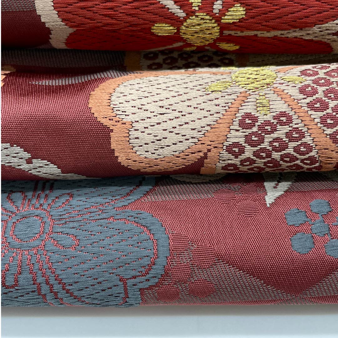 名古屋帯 京袋帯 深緋色 芝草 桜 鱗 唐草 帯丈381cm ポリ Sランク 六通 セミフォーマル 朱系 1124003322316 開き仕立て