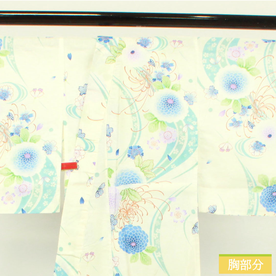 Yukata Cotton Length 164cm Sleeve length 66cm S rank Single layer White Cherry blossom Chrysanthemum 1118004672411