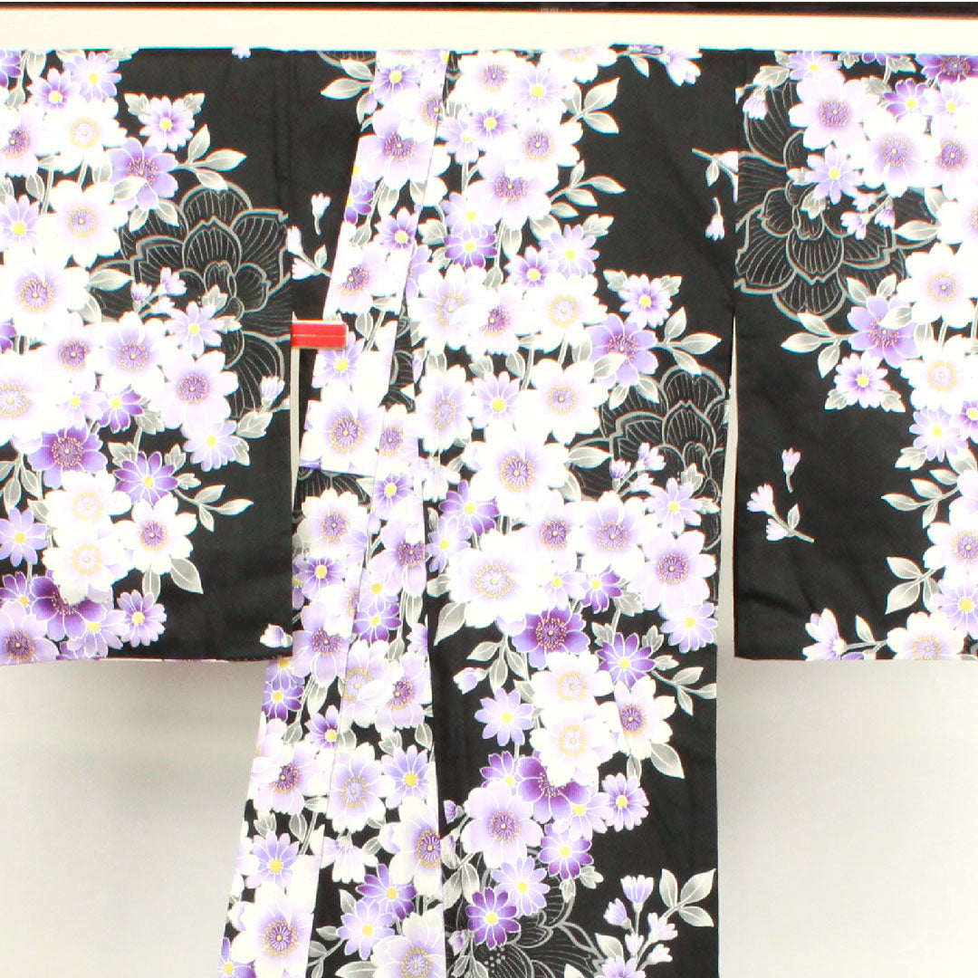 浴衣 桜 木綿 Sランク 単衣 身丈161.5cm 裄丈65.5cm 黒系 1118001492410