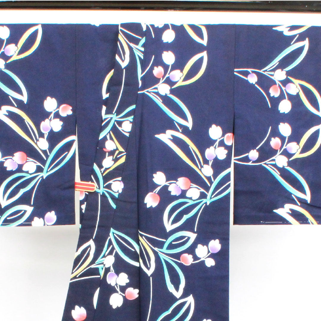 浴衣 紺色 鈴蘭 木綿 Sランク 単衣 身丈158.5cm 裄丈63cm 紺系 1118001812318