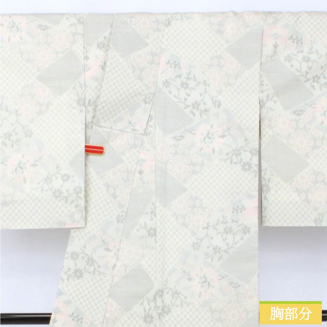 Tsumugi (pongee) polyester kimono, S rank, length 153cm, sleeve length 63cm, Unohana-iro (unohana flower) pattern, floral motif, washable, lined, white, 1116004642211