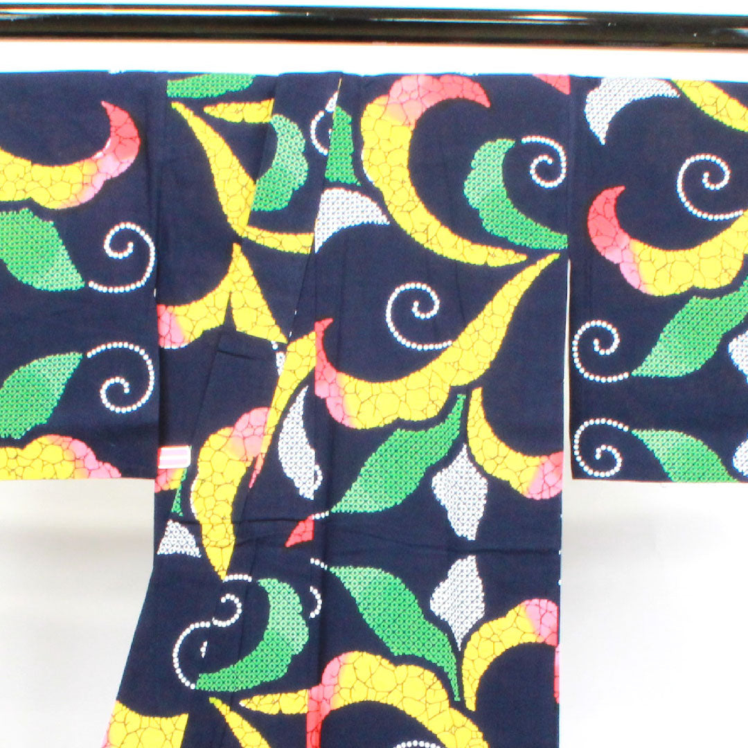 浴衣 濃紺色 抽象模様 木綿 Sランク 単衣 身丈147.5cm 裄丈64cm 紺系 1118003622118