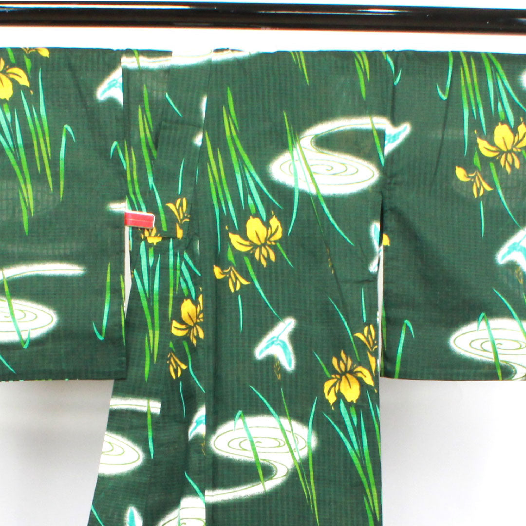浴衣 黒緑色 菖蒲 トンボ 木綿 Sランク 単衣 身丈165.5cm 裄丈67.5cm 緑系 1118003832519