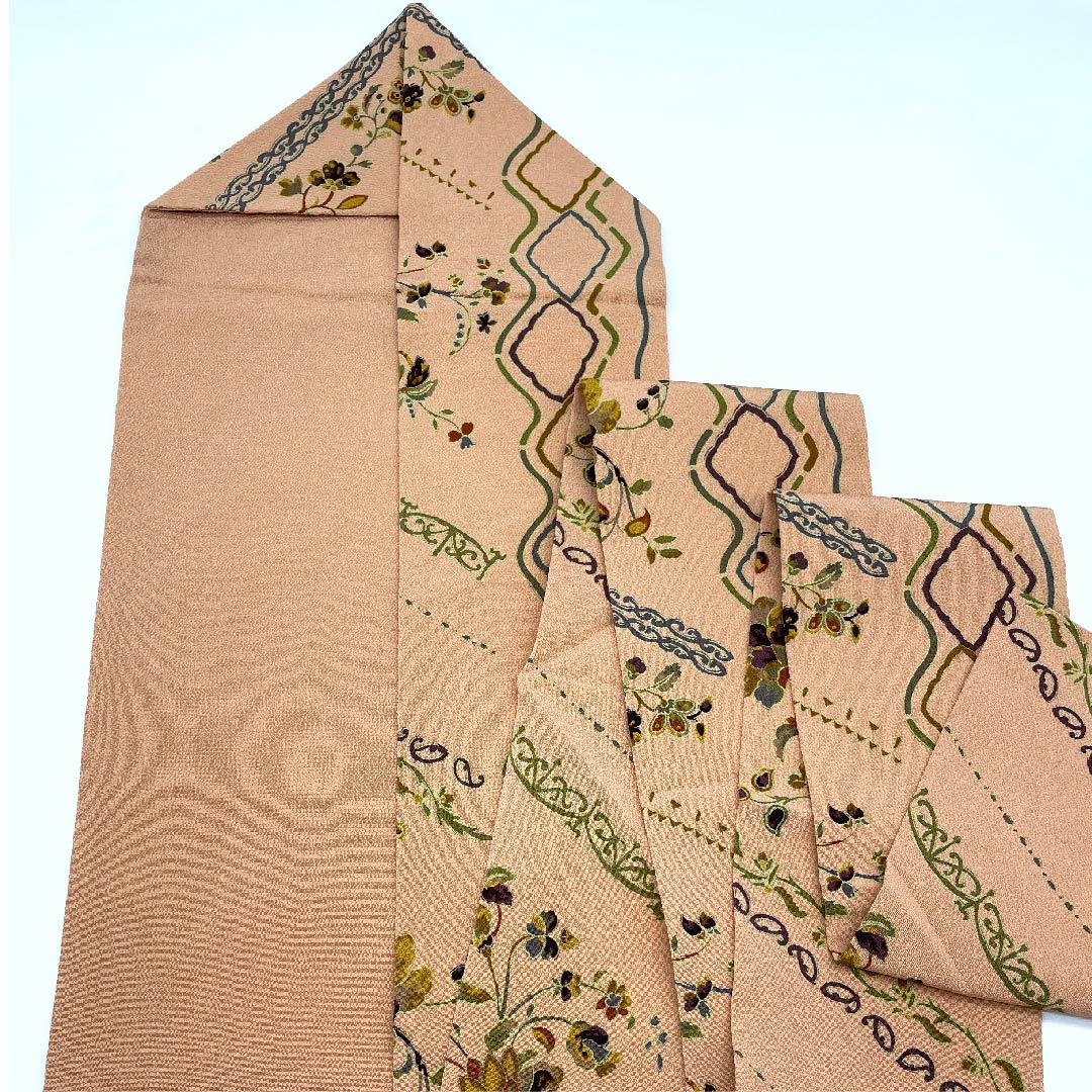 名古屋帯 薄赤色 型染 更紗 抽象模様 帯丈374cm 正絹 Sランク 全通 カジュアル ピンク系 1124003982313 名古屋仕立て