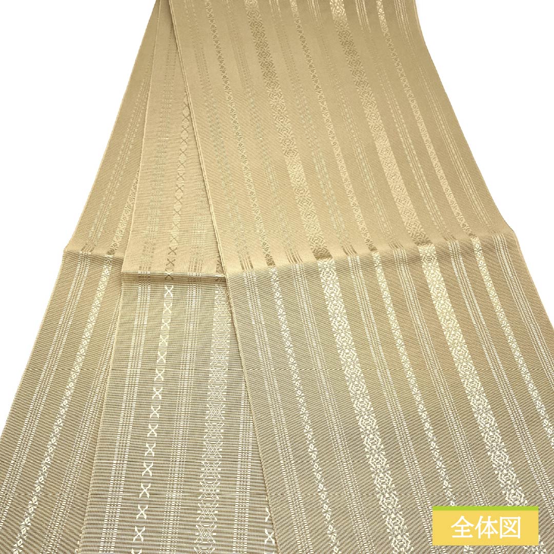 名古屋帯 正絹 Sランク 開き仕立て 枯野色(かれのいろ) 博多織 献上柄 夏帯 帯丈372cm 全通 カジュアル ベージュ系 1124014462325