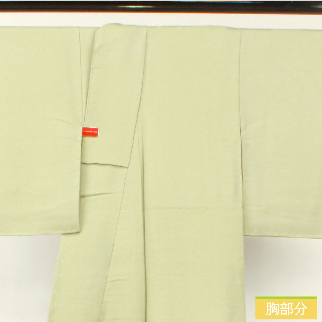 彩色留袖、纯丝、长度152cm、袖长63cm、里料、黄绿色和灰色、寿编织、山水纹、一个纹章、五葫芦和中国花图案圆圈、附缝纫线、未使用、S级、绿色、1111001342219