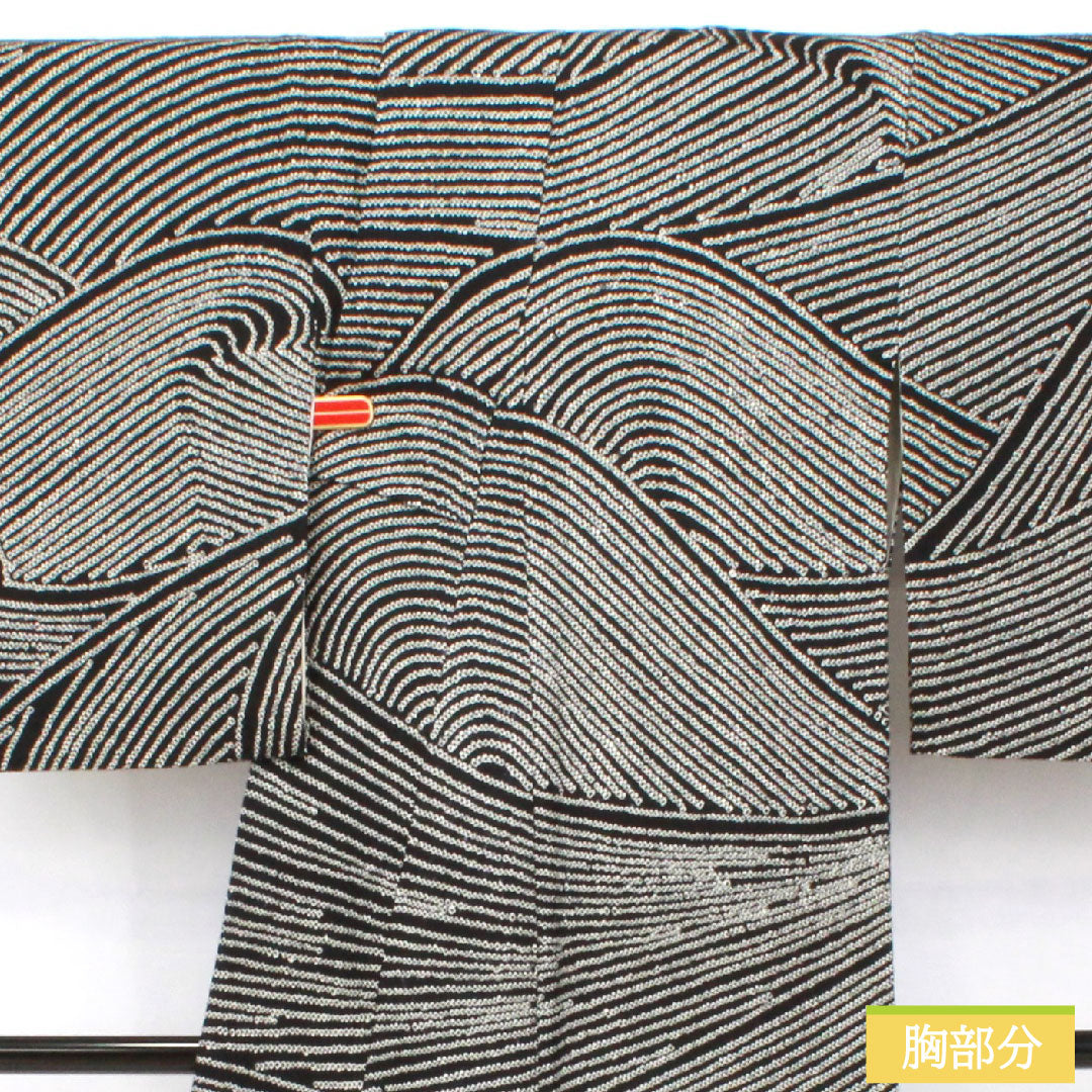 小紋 正絹 身丈171cm 裄丈67.5cm 袷 総絞り 波 Bランク 黒系 1115004724610